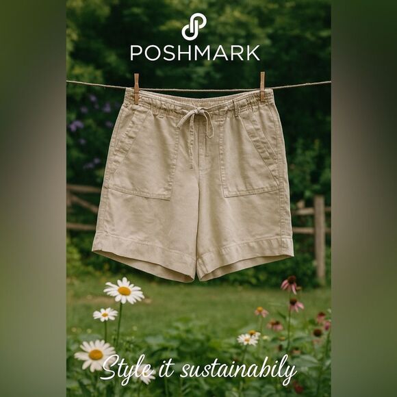LIZ CLAIBORNE Liz wear khaki linen drawstring 4 pocket shorts - Picture 1 of 16